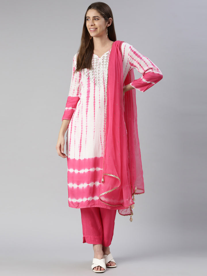 Neerus Women Pink Printed Calf Length Kurta And Trousers With Dupatta