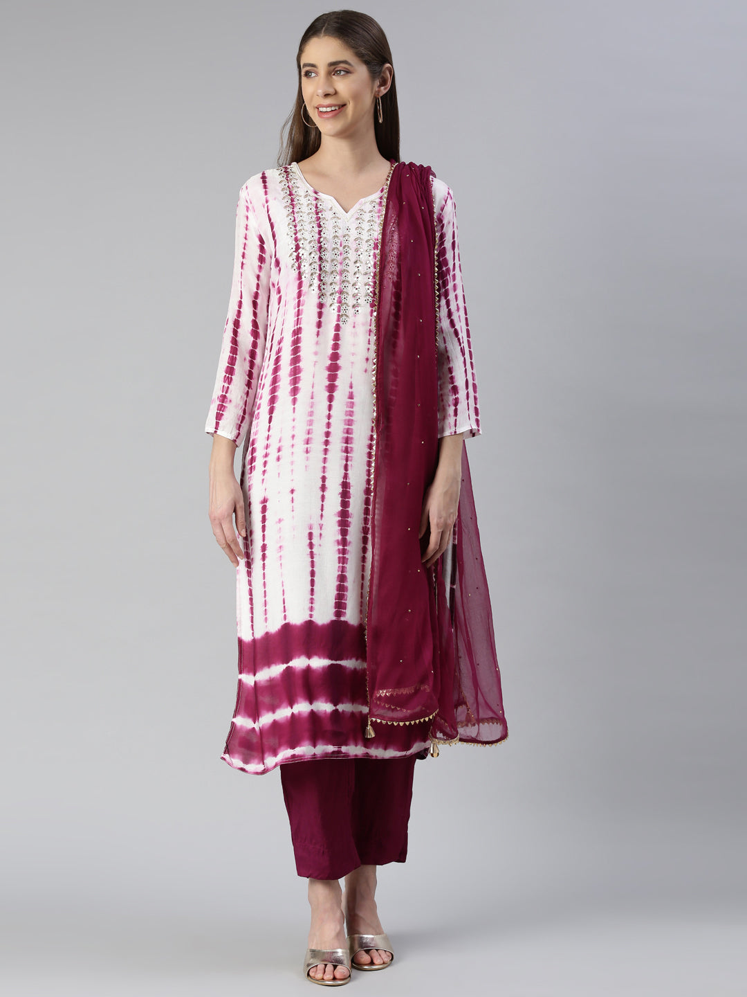 Neerus Purple muslin printed kurta set - front view