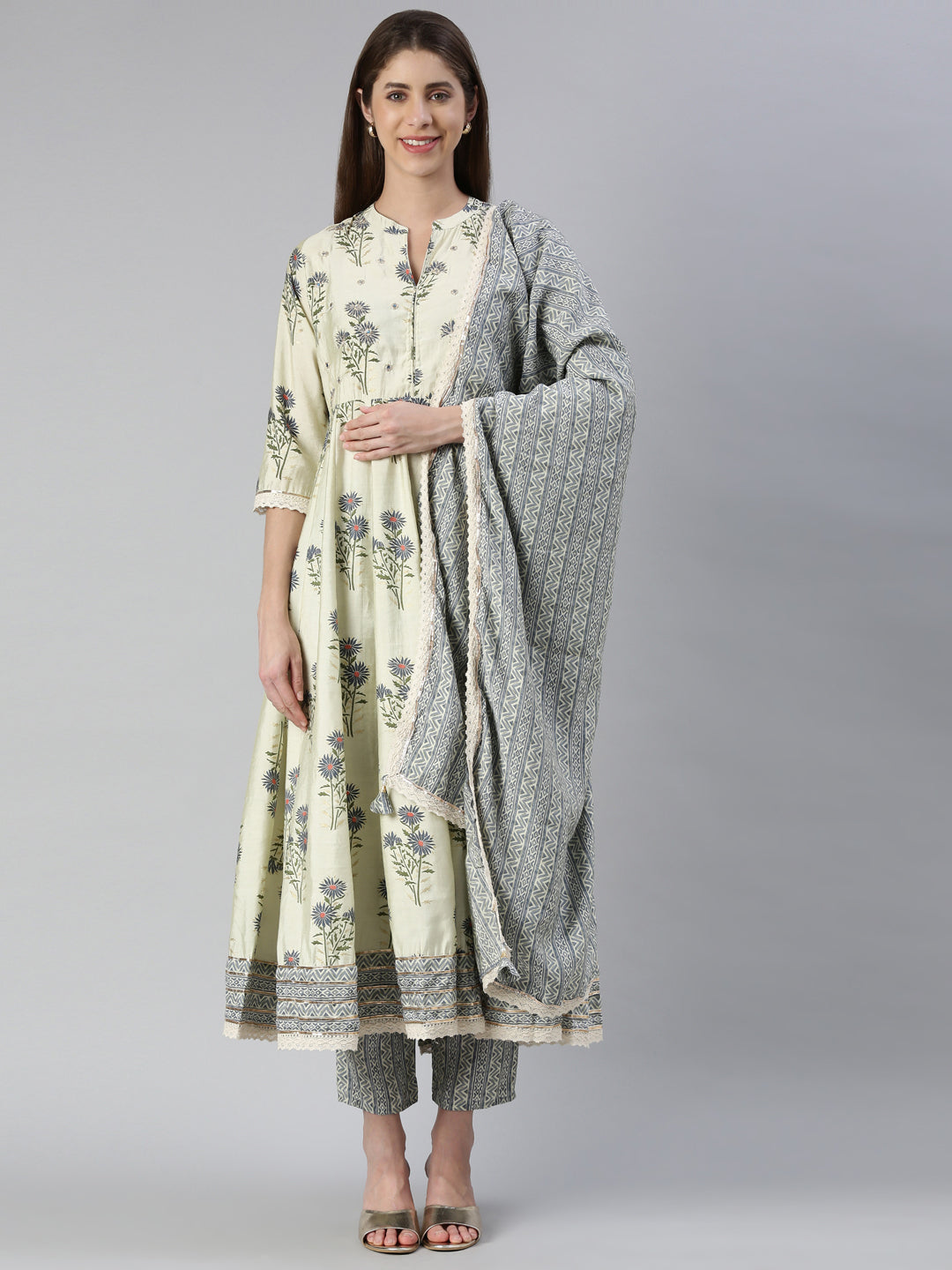 Neerus Beige printed kurta set with trouser and dupatta - front view