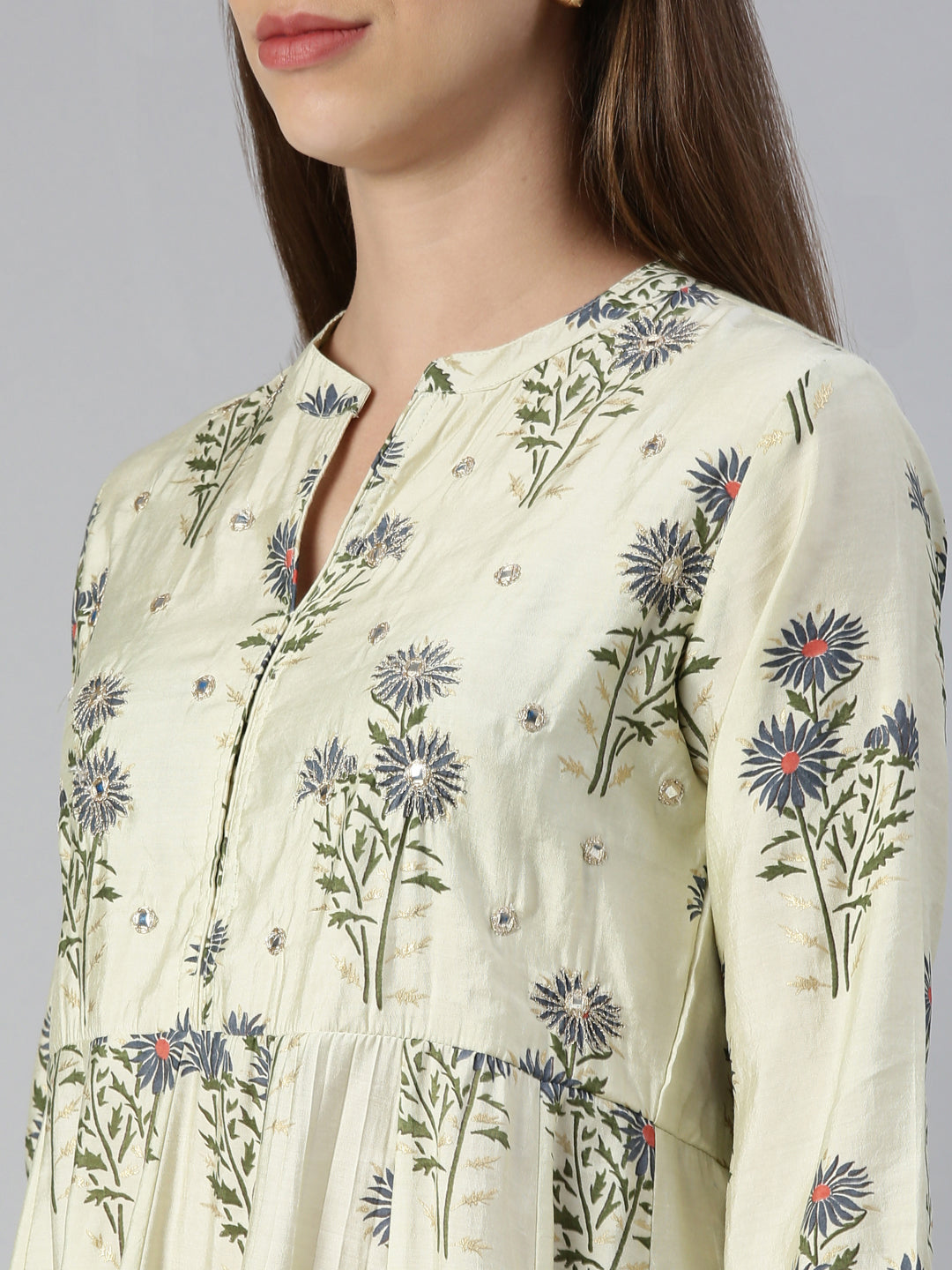 Neerus Beige printed kurta set with trouser and dupatta - detail view 1