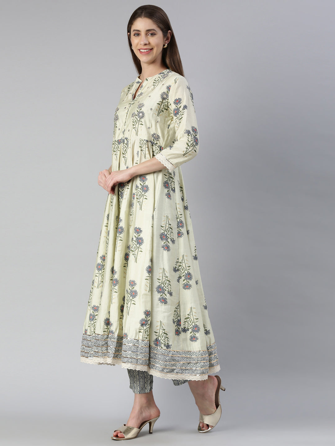 Neerus Beige printed kurta set with trouser and dupatta - back view