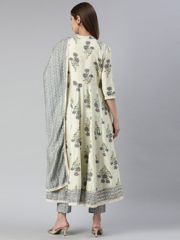 Neerus Beige printed kurta set with trouser and dupatta - side view