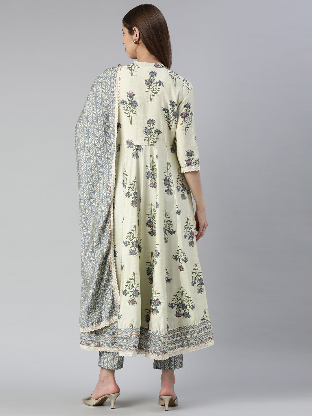 Neerus Women  Cream Printed Calf Length Kurta And Trousers With Dupatta