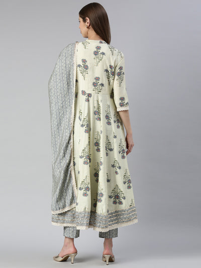 Neerus Women  Cream Printed Calf Length Kurta And Trousers With Dupatta