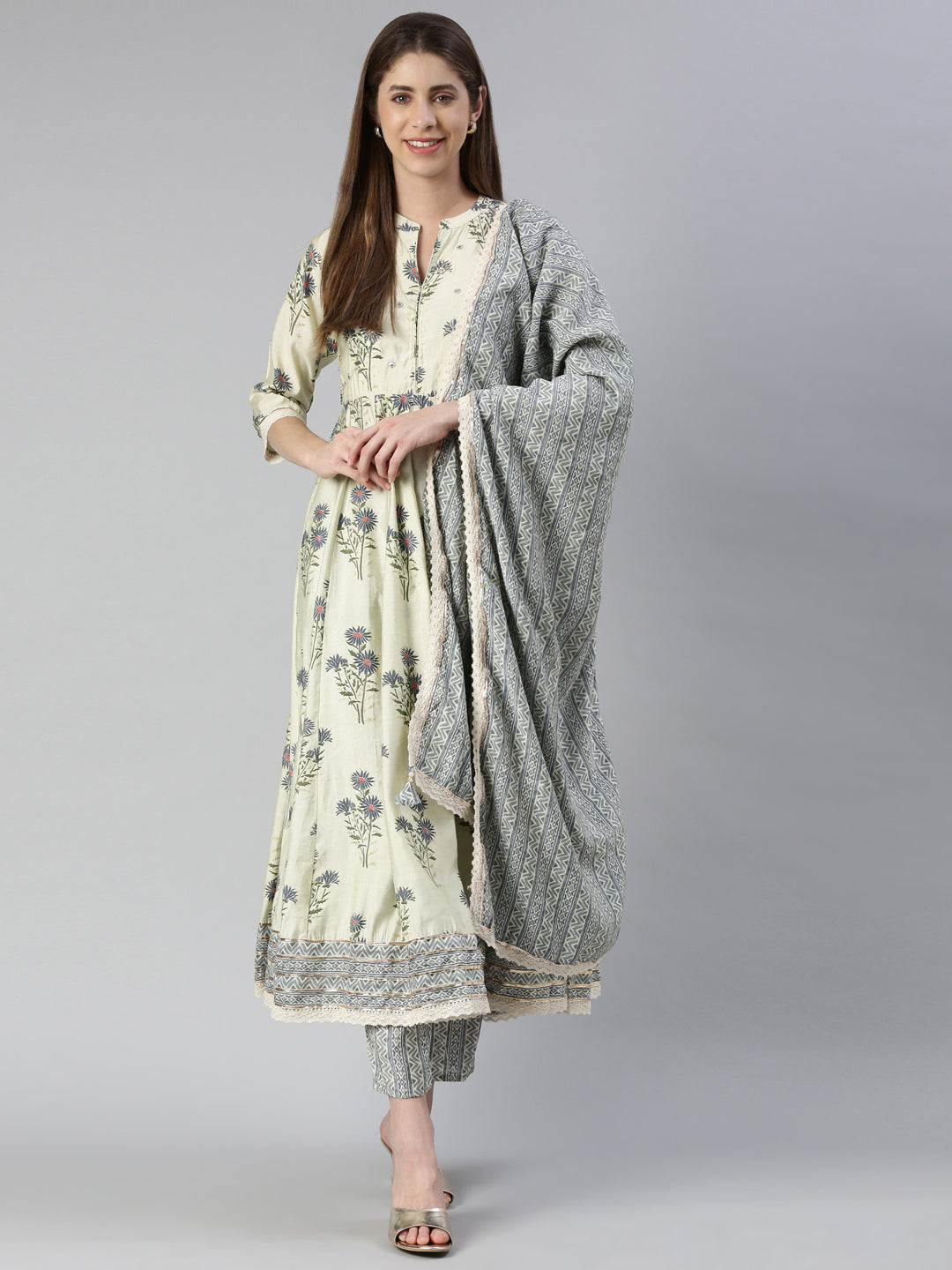 Neerus Beige printed kurta set with trouser and dupatta - detail view 2