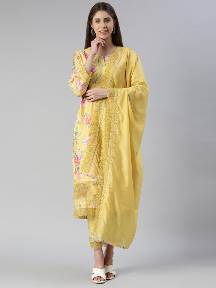 Neerus Green printed kurta set with trouser and dupatta - front view