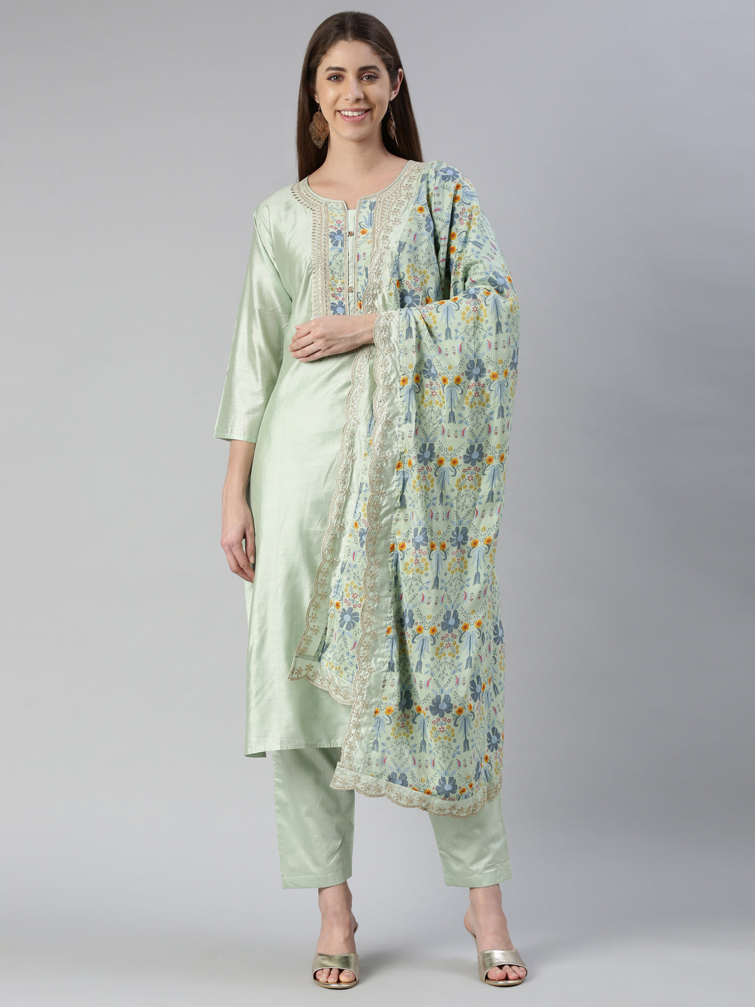 Neerus Women Pista Yoke Design Calf Length Kurta And Trousers With Dupatta