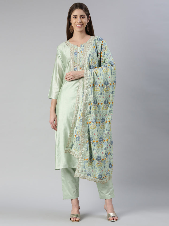 Neerus Women Pista Yoke Design Calf Length Kurta And Trousers With Dupatta