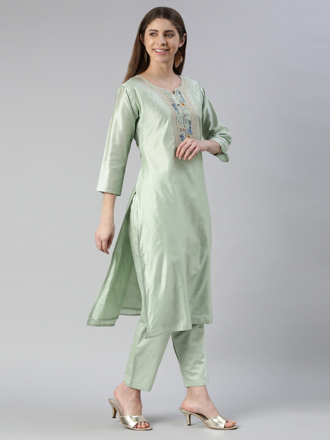 Neerus Women Pista Yoke Design Calf Length Kurta And Trousers With Dupatta