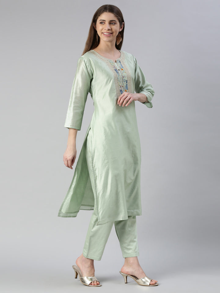 Neerus Women Pista Yoke Design Calf Length Kurta And Trousers With Dupatta