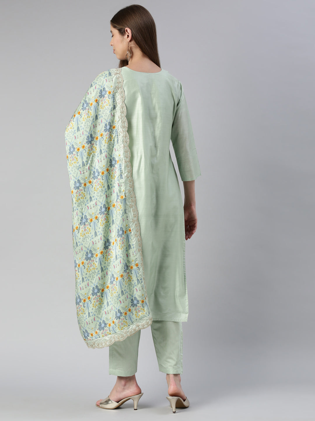 Neerus Women Pista Yoke Design Calf Length Kurta And Trousers With Dupatta