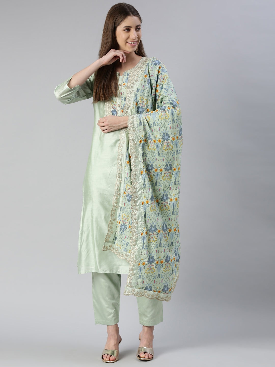 Neerus Women Pista Yoke Design Calf Length Kurta And Trousers With Dupatta
