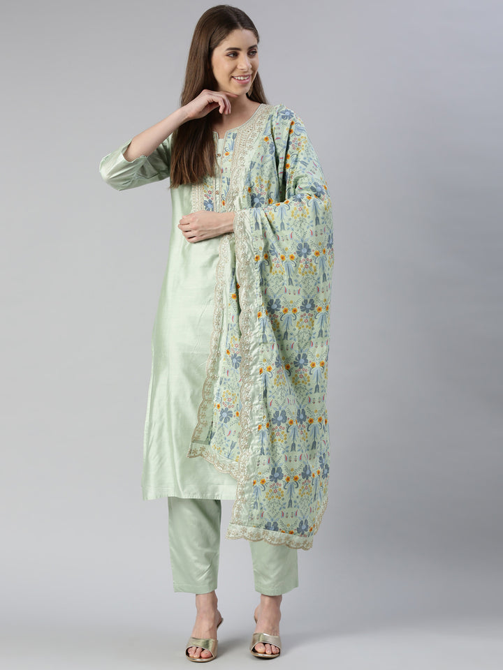 Neerus Women Pista Yoke Design Calf Length Kurta And Trousers With Dupatta