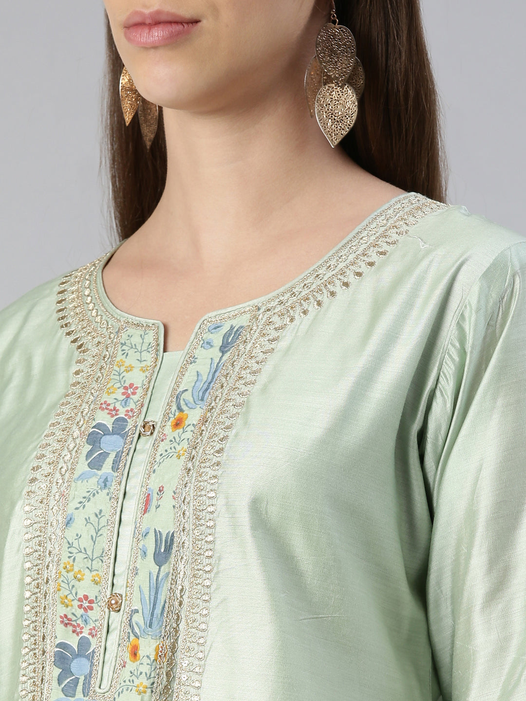 Neerus Women Pista Yoke Design Calf Length Kurta And Trousers With Dupatta