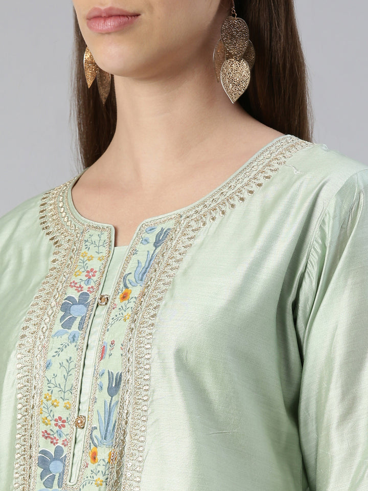 Neerus Women Pista Yoke Design Calf Length Kurta And Trousers With Dupatta