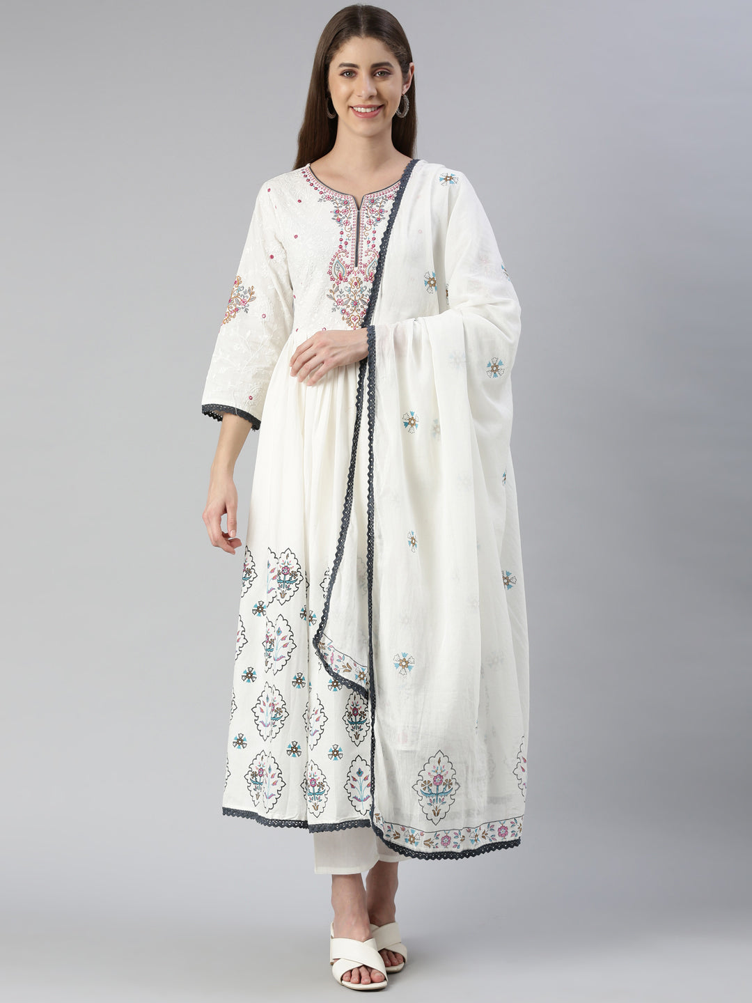Neerus White cotton embroidered kurta set with trouser and dupatta - front view