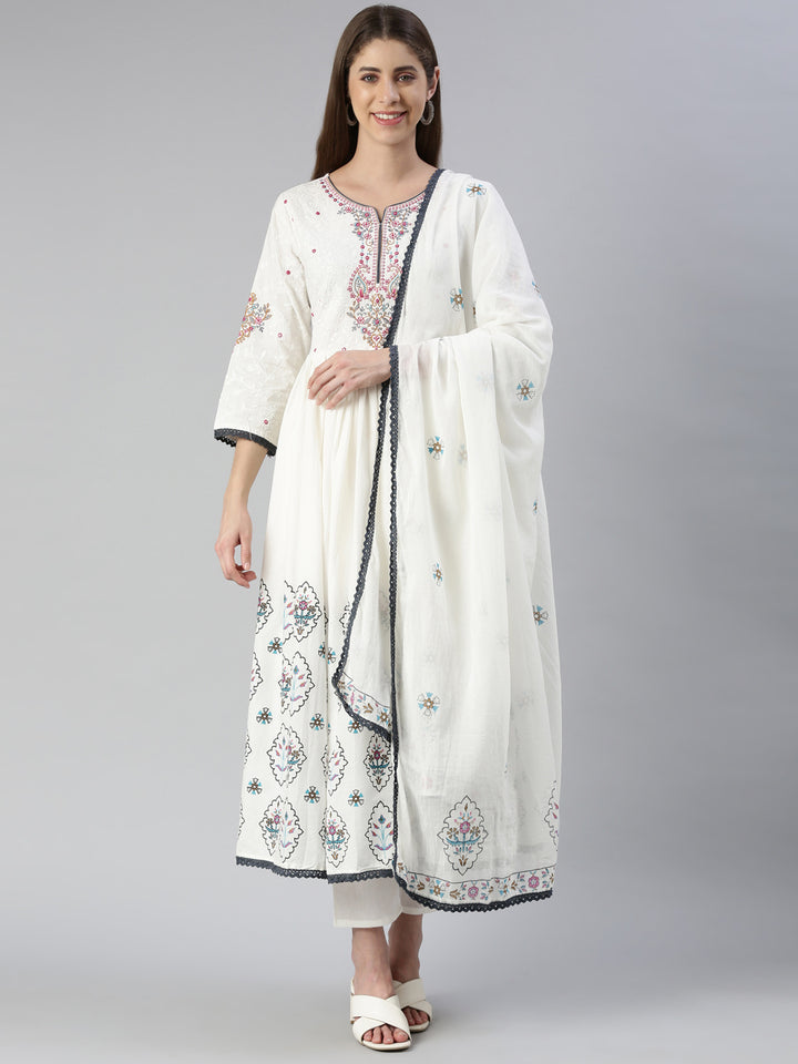 Neerus White cotton embroidered kurta set with trouser and dupatta - front view