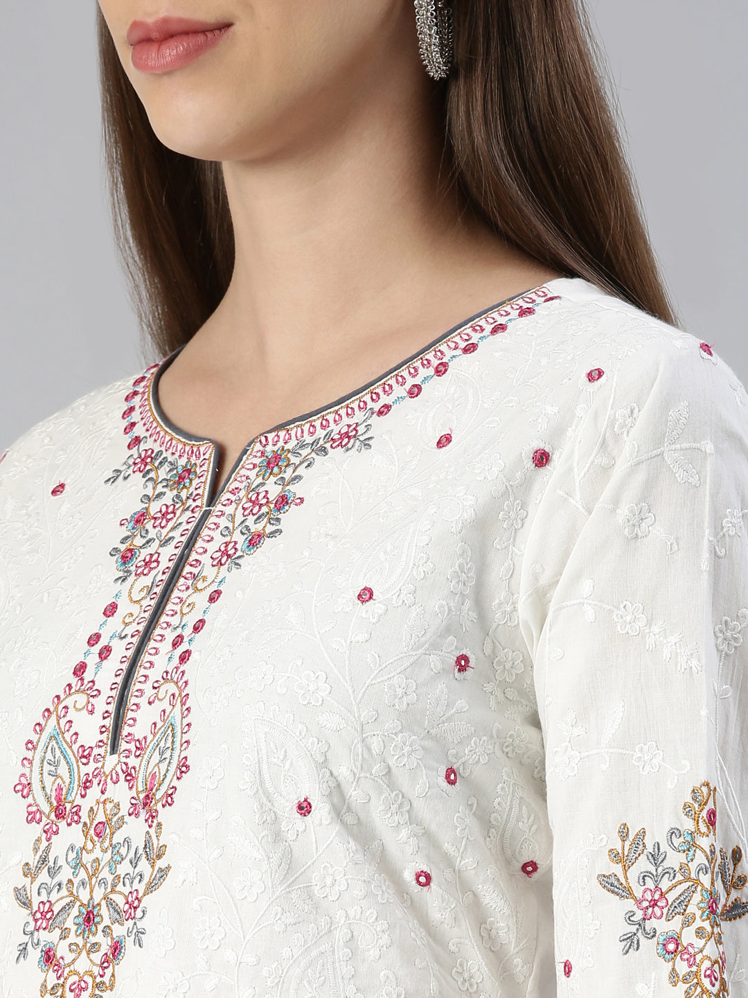 Neerus White cotton embroidered kurta set with trouser and dupatta - detail view 1