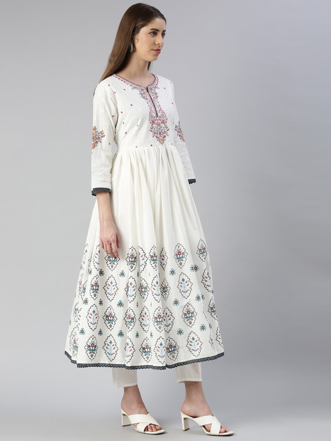 Neerus White cotton embroidered kurta set with trouser and dupatta - back view