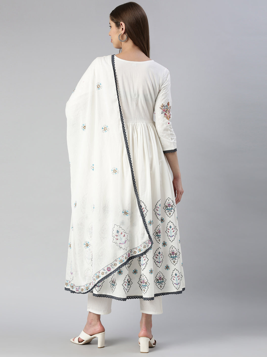Neerus White cotton embroidered kurta set with trouser and dupatta - side view