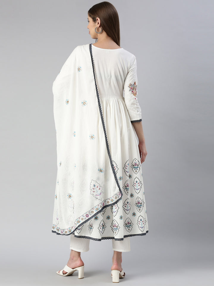 Neerus White cotton embroidered kurta set with trouser and dupatta - side view