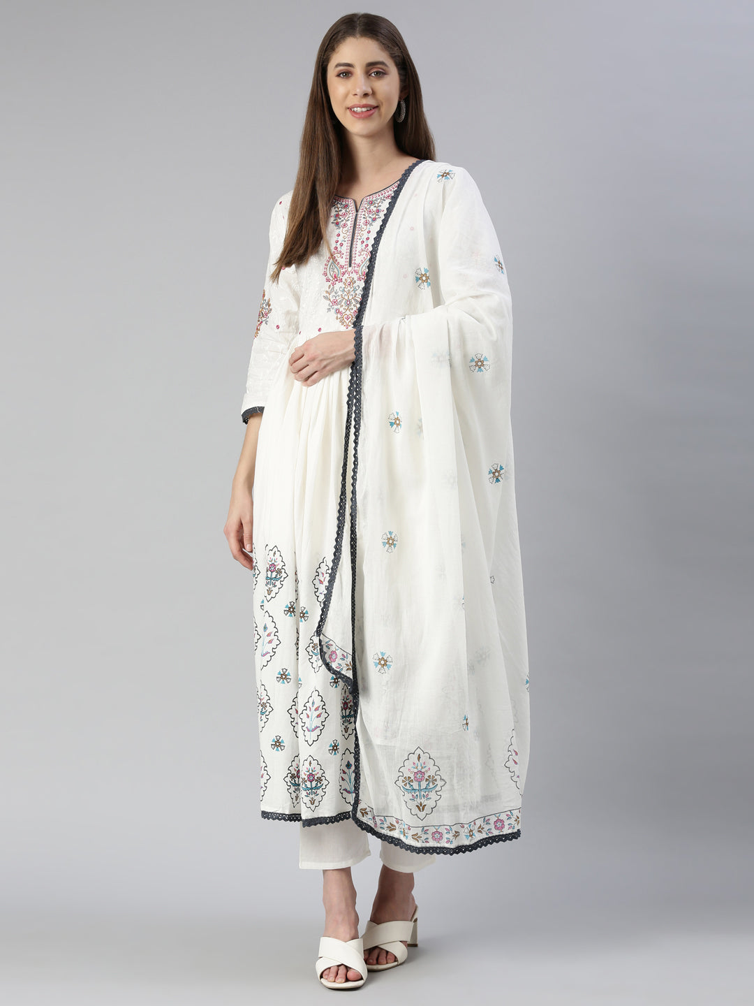 Neerus White cotton embroidered kurta set with trouser and dupatta - detail view 2