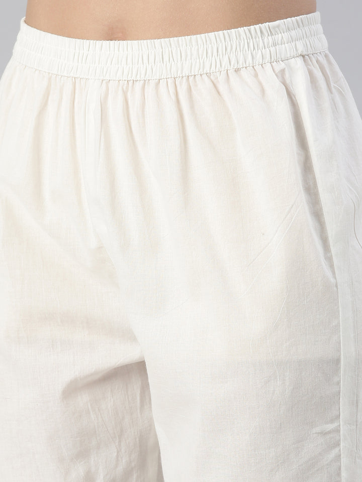 Neerus White cotton embroidered kurta set with trouser and dupatta - detail view 3