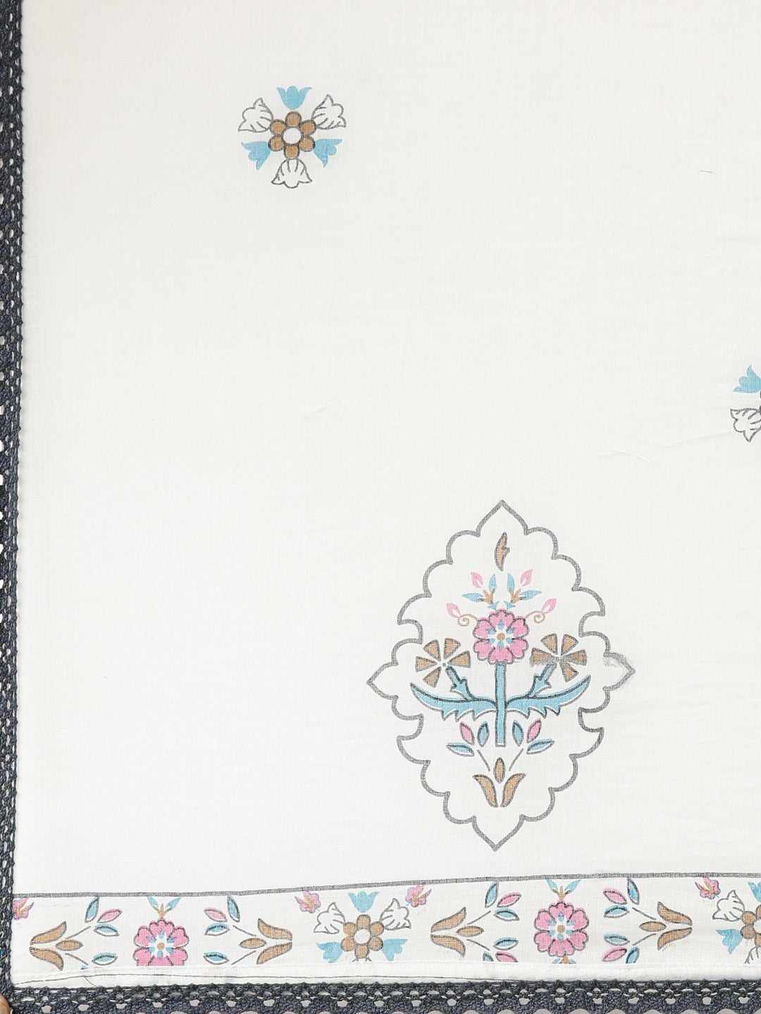 Neerus White cotton embroidered kurta set with trouser and dupatta - detail view 4