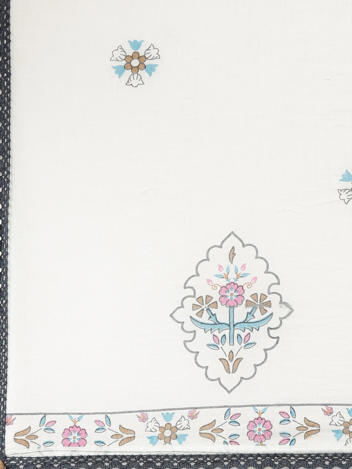 Neerus White cotton embroidered kurta set with trouser and dupatta - detail view 4