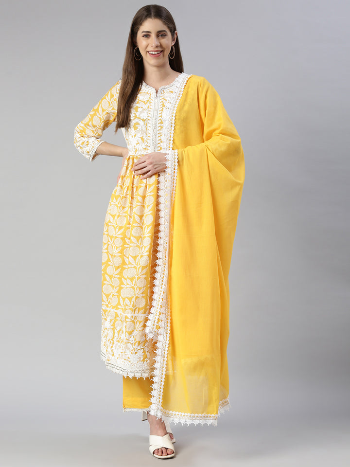 Neerus Women Mustard Solid Calf Length Kurta And Trousers With Dupatta
