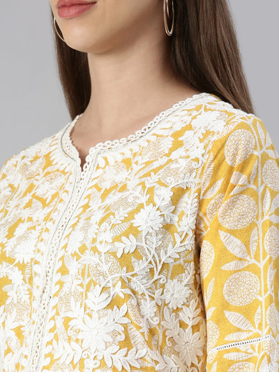 Neerus Women  Mustard Solid Calf Length Kurta And Trousers With Dupatta