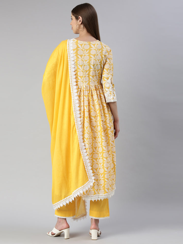 Neerus Women Mustard Solid Calf Length Kurta And Trousers With Dupatta