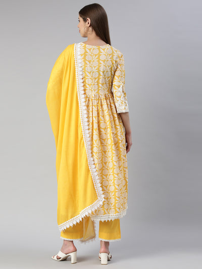 Neerus Women  Mustard Solid Calf Length Kurta And Trousers With Dupatta