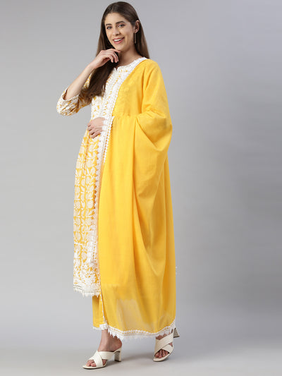 Neerus Women  Mustard Solid Calf Length Kurta And Trousers With Dupatta