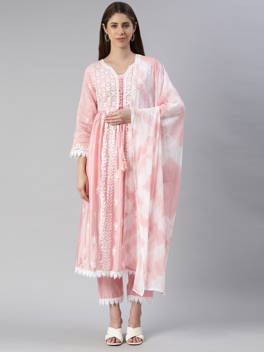 Neerus Pink solid Nyra cut kurta set with trouser and dupatta - front view