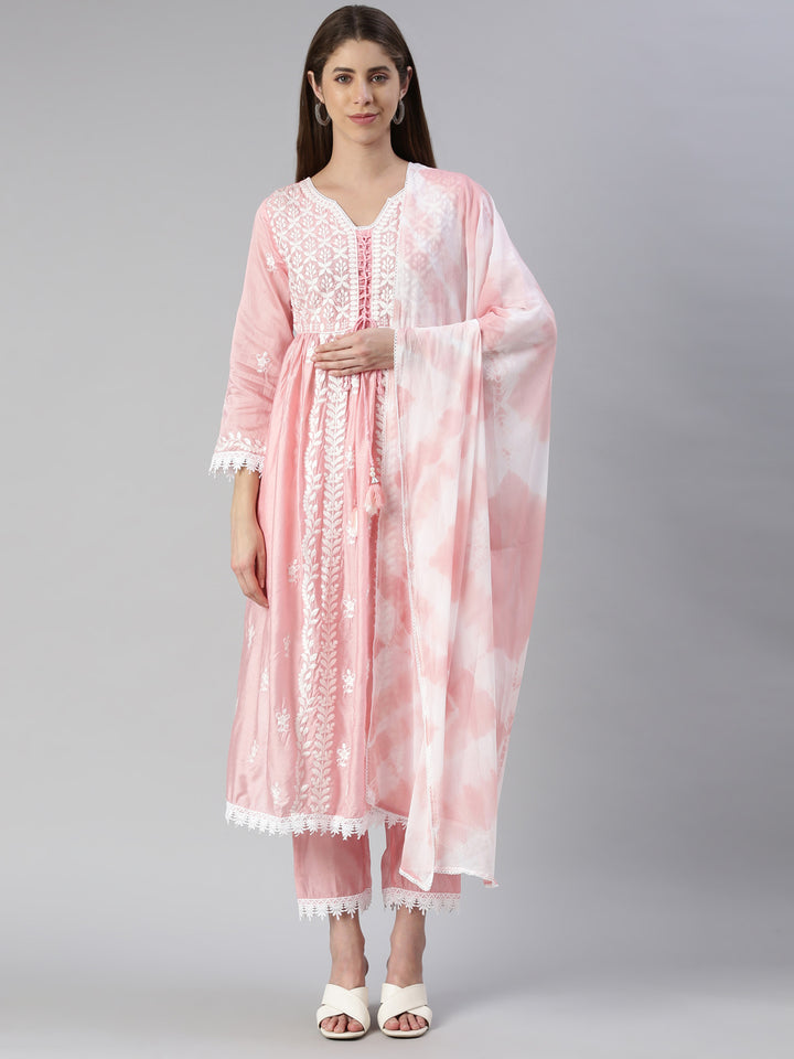 Neerus Pink solid Nyra cut kurta set with trouser and dupatta - front view