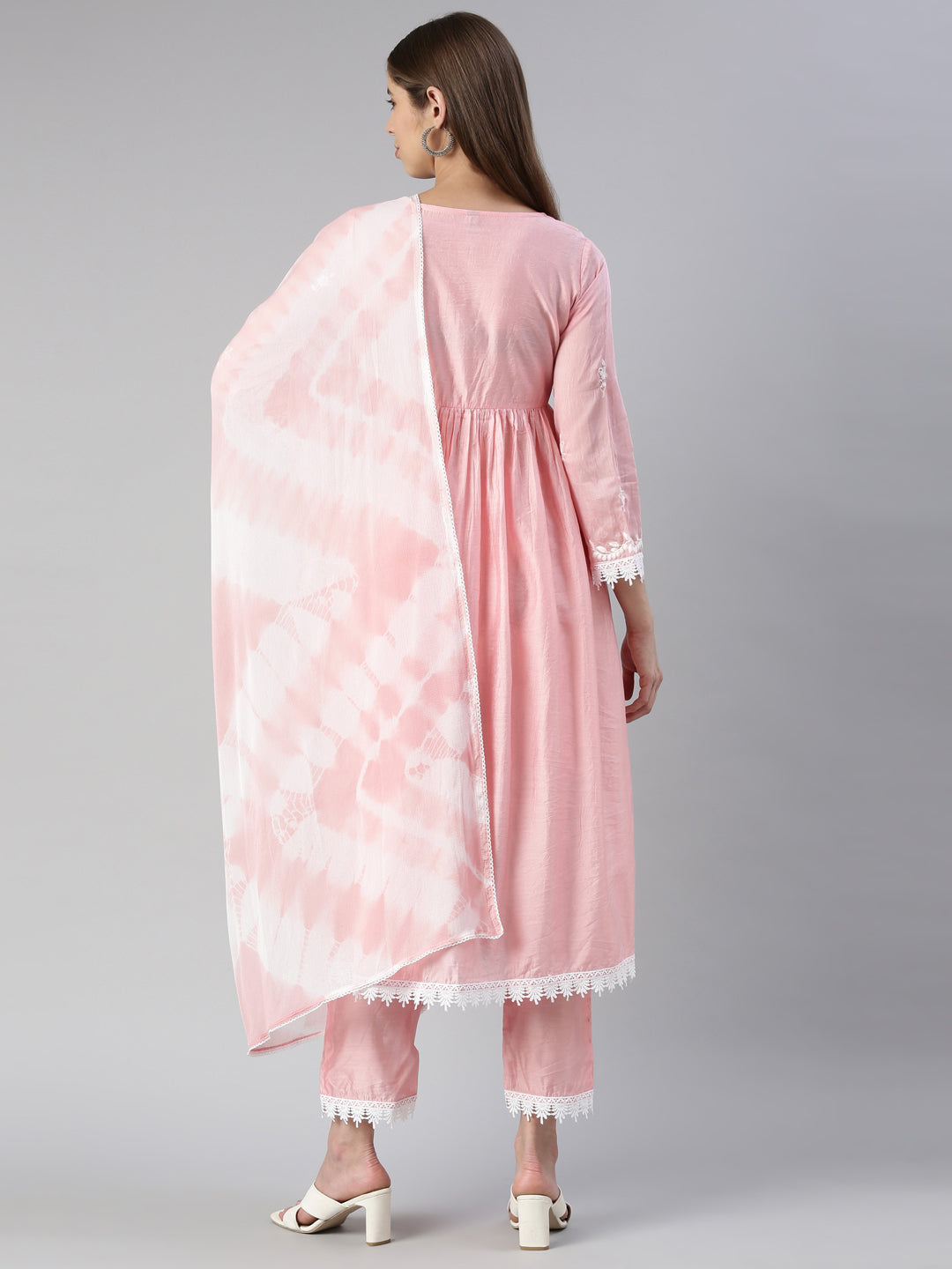 Neerus Pink solid Nyra cut kurta set with trouser and dupatta - side view