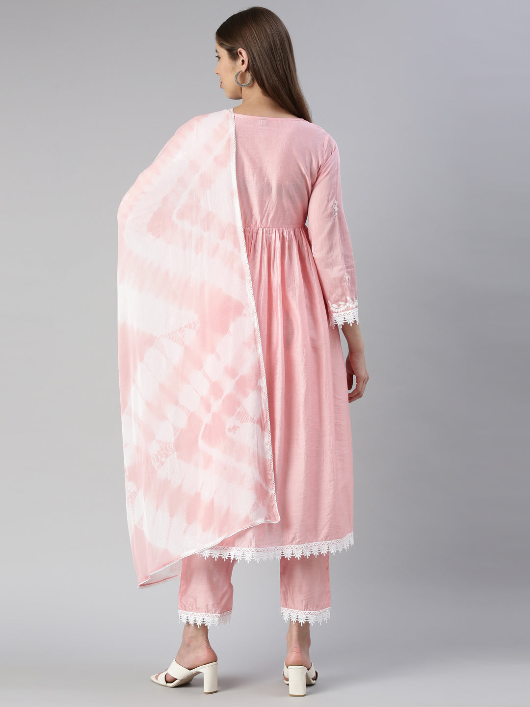 Neeru's Women Baby Pink Solid Calf Length Kurta And Trousers With Dupatta