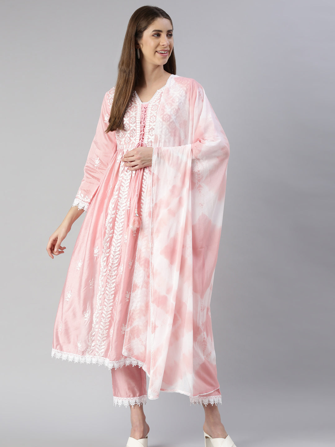 Neerus Pink solid Nyra cut kurta set with trouser and dupatta - detail view 2