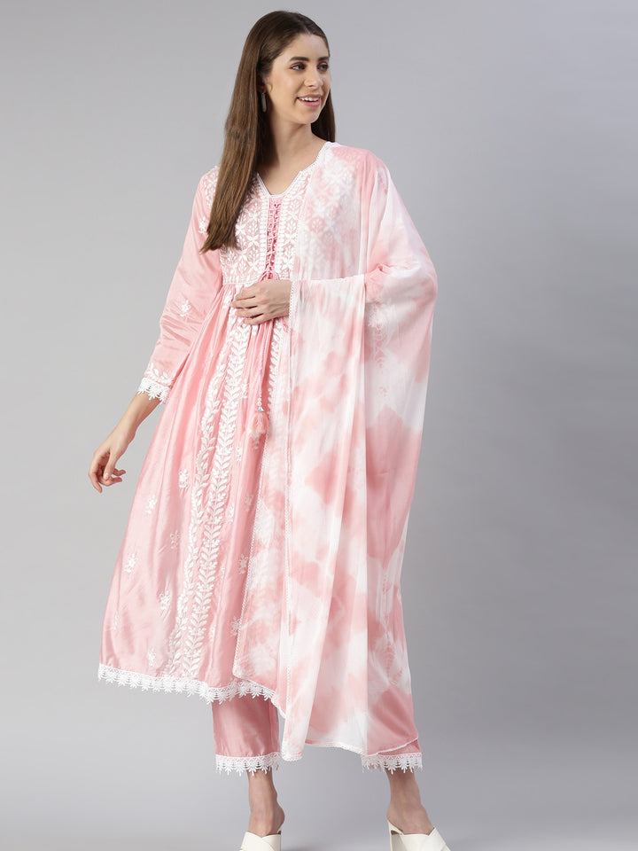 Neerus Pink solid Nyra cut kurta set with trouser and dupatta - detail view 2