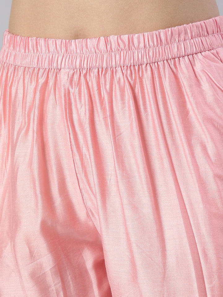 Neerus Pink solid Nyra cut kurta set with trouser and dupatta - detail view 3