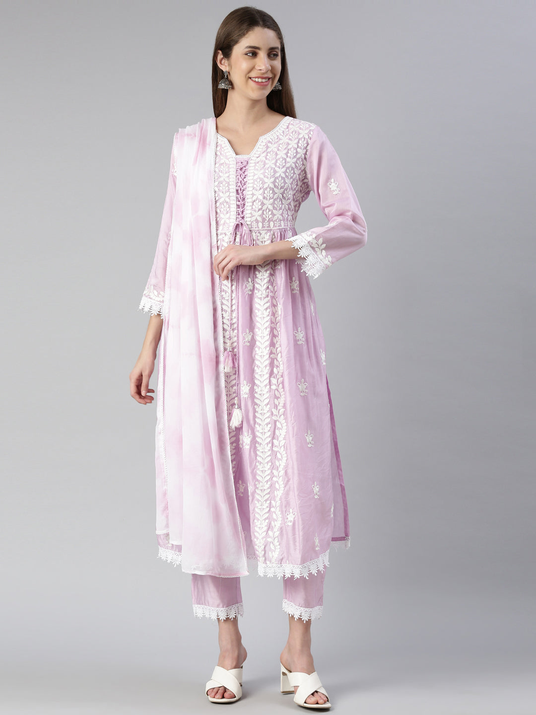 Neerus Women Lavender Solid Calf Length Kurta And Trousers With Dupatta