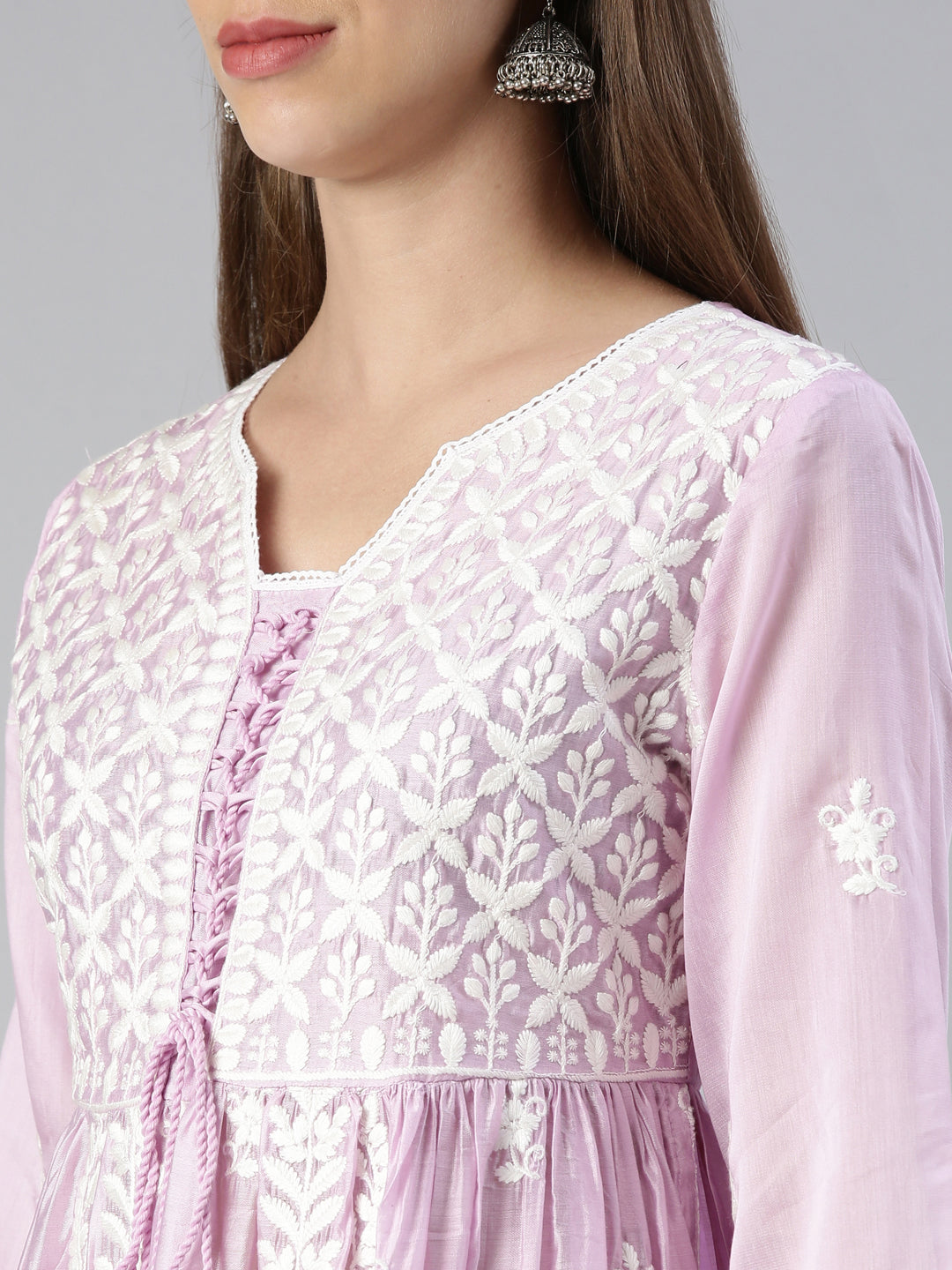 Neerus Women Lavender Solid Calf Length Kurta And Trousers With Dupatta