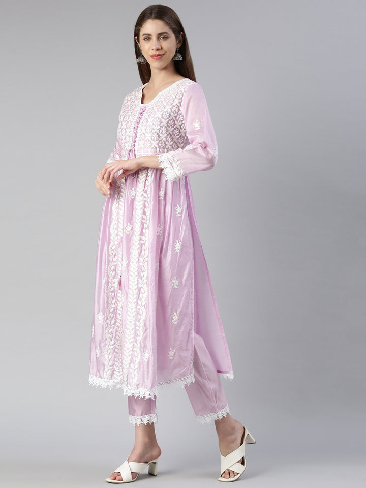 Neerus Women Lavender Solid Calf Length Kurta And Trousers With Dupatta