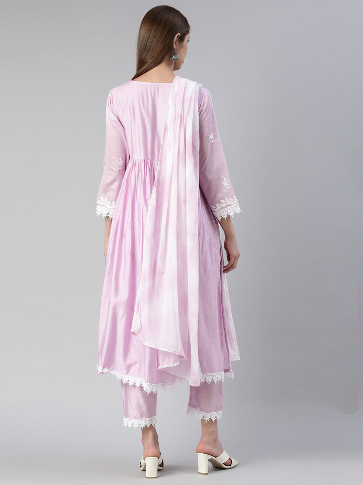 Neerus Women Lavender Solid Calf Length Kurta And Trousers With Dupatta