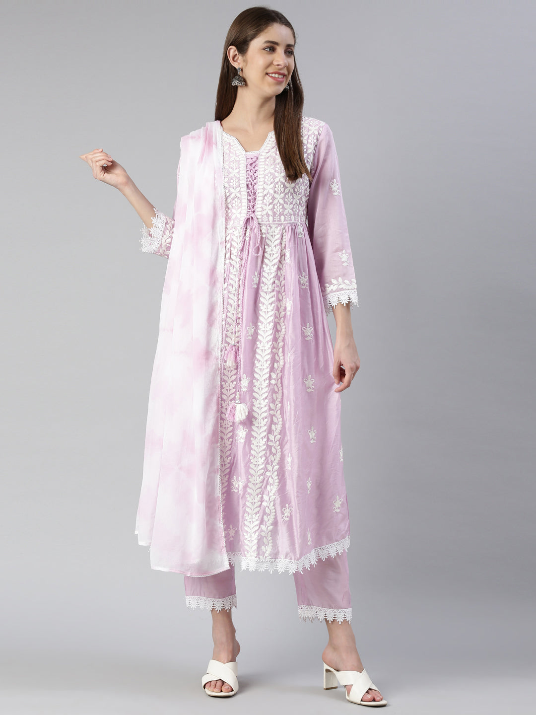 Neerus Women Lavender Solid Calf Length Kurta And Trousers With Dupatta