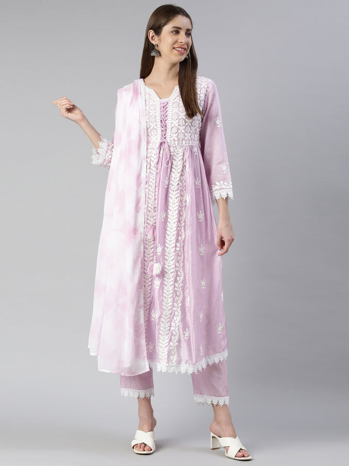 Neerus Women Lavender Solid Calf Length Kurta And Trousers With Dupatta