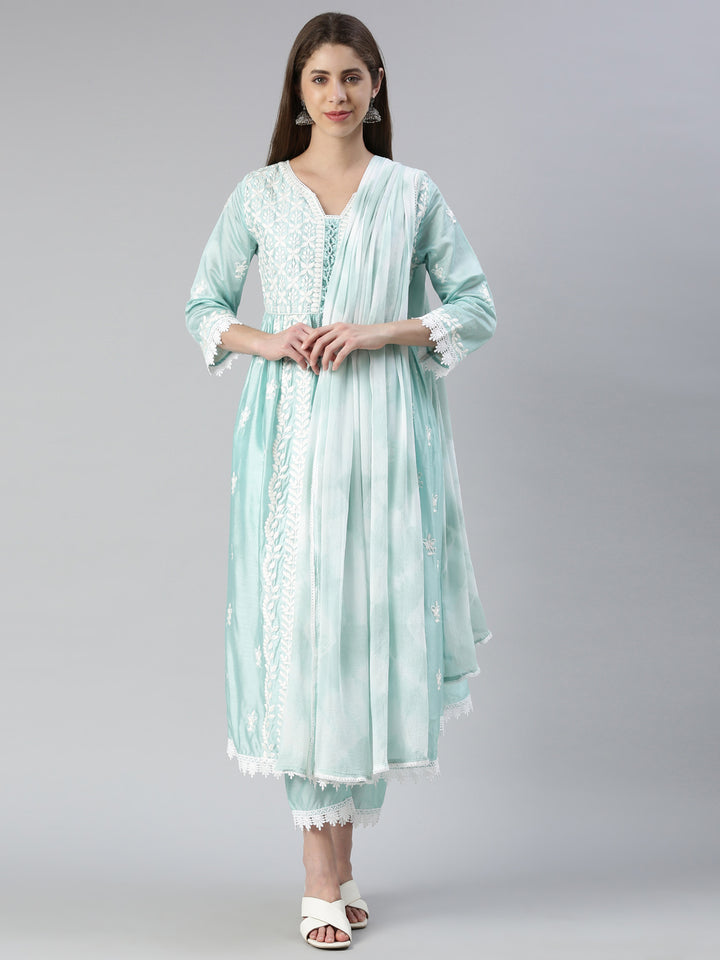 Neerus Blue solid straight kurta set with trouser and dupatta - front view