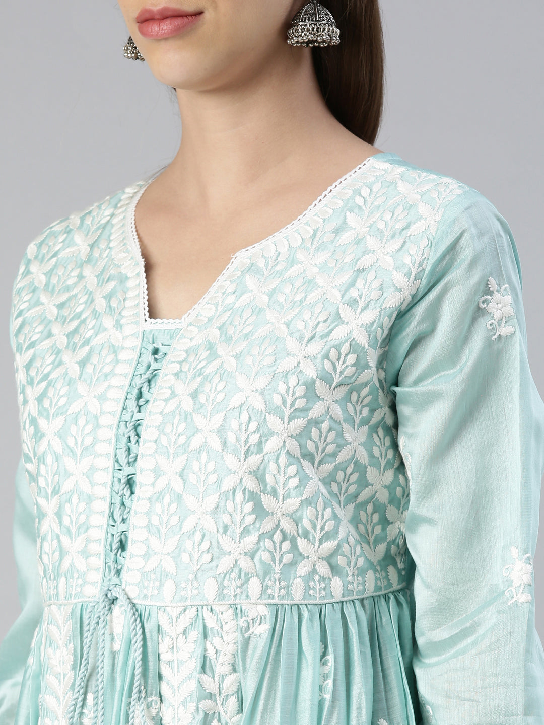 Neerus Blue solid straight kurta set with trouser and dupatta - detail view 1