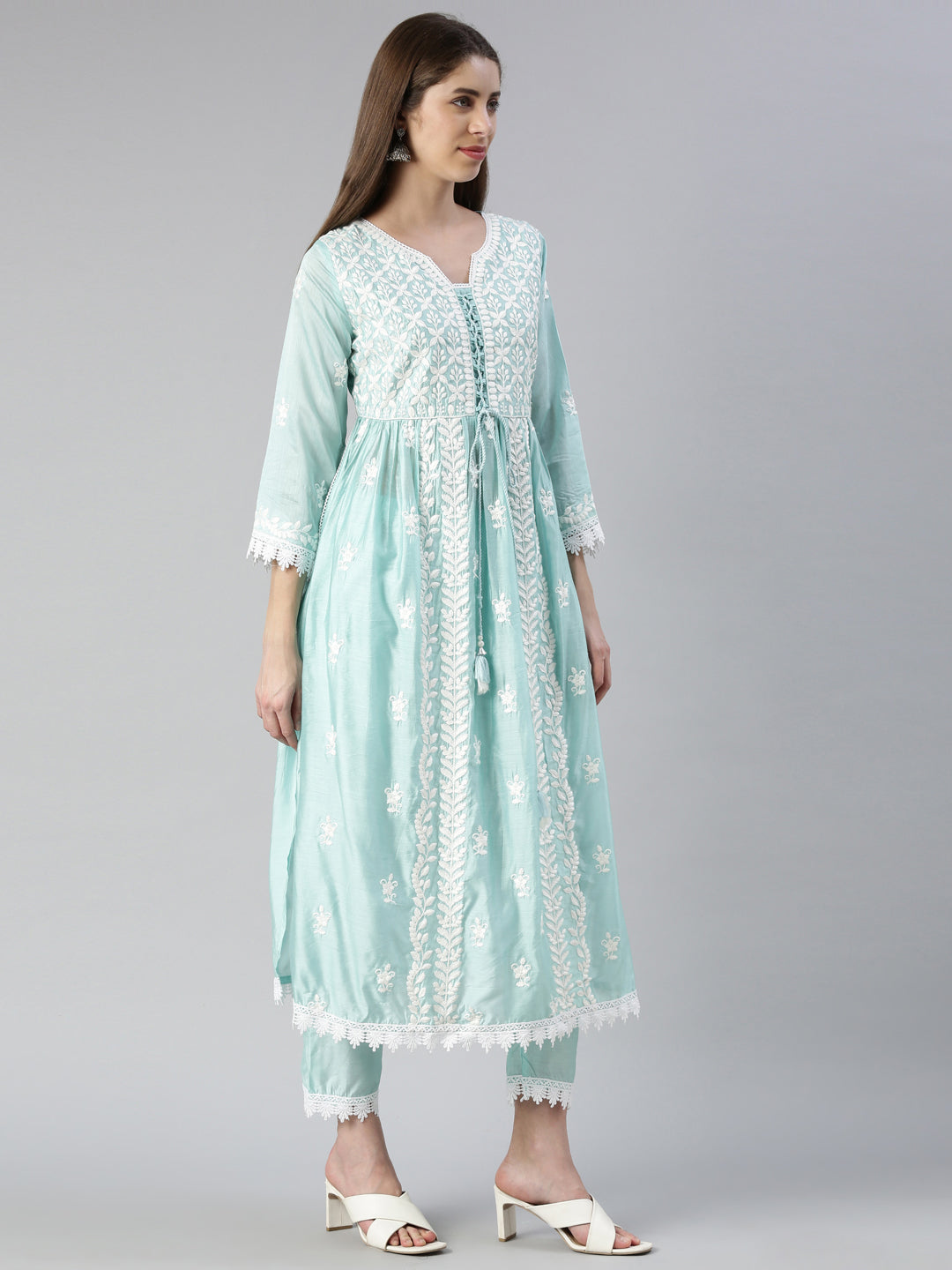 Neerus Blue solid straight kurta set with trouser and dupatta - back view